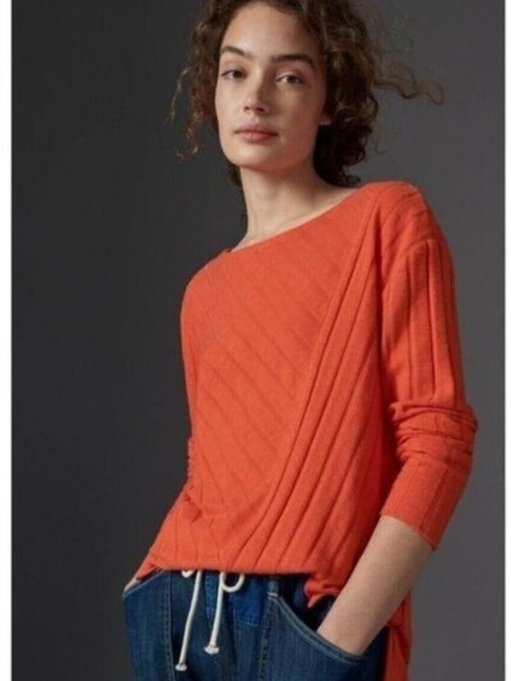 Maeve by Anthropologie Ribbed Boat Neck Top Orange Textured Knit Size S